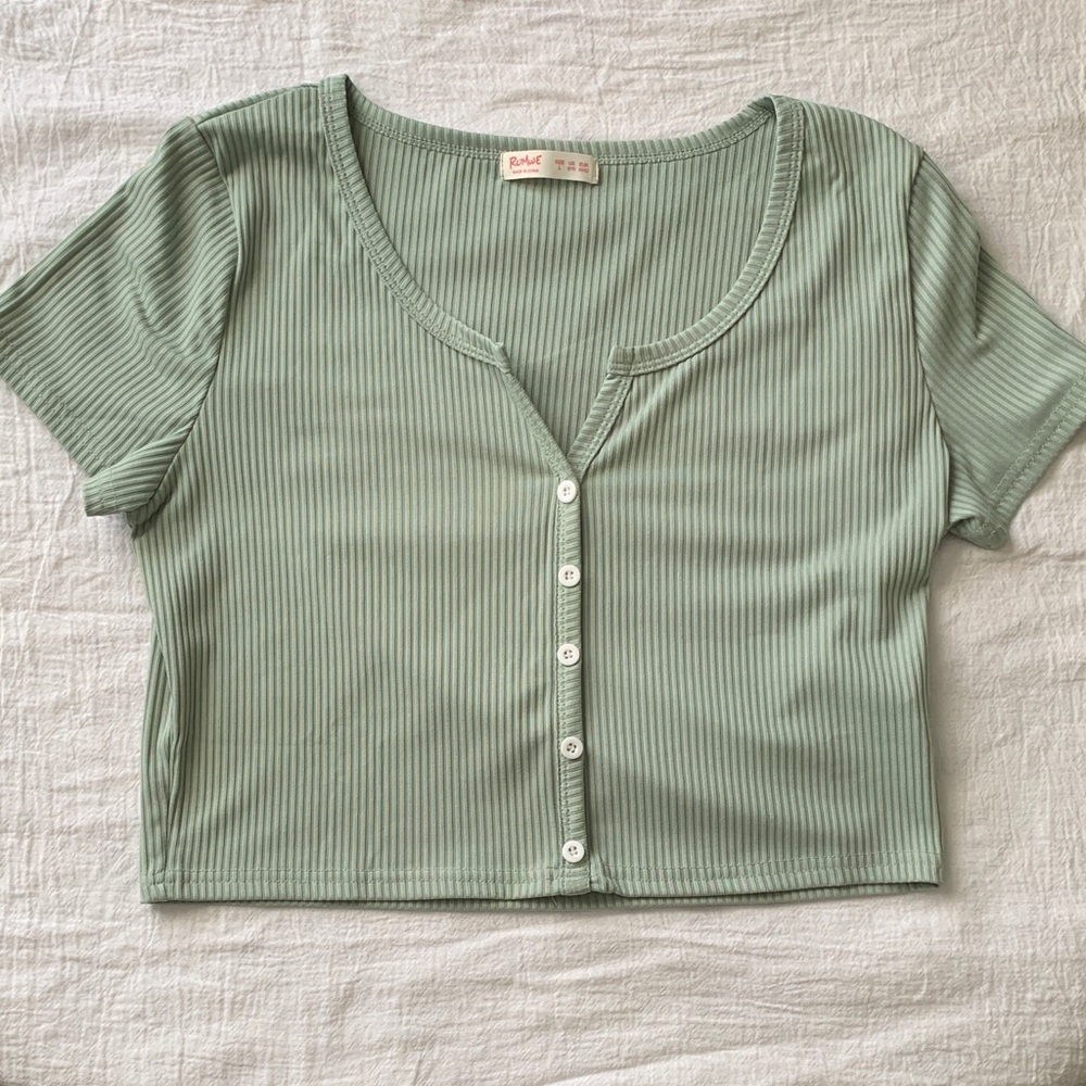 LAST CALL: mint Green Ribbed Button-Up Crop Top